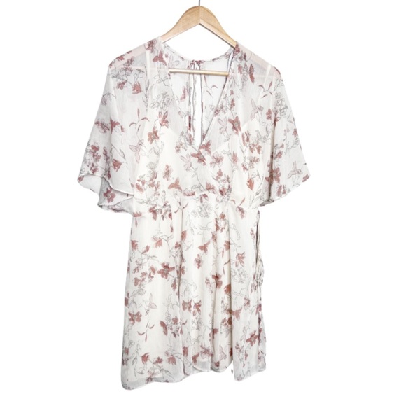 Lulus Women's Floral V-Neck Back Cut Out Neutral Flowy Sheer Ruffle Mini Dress - Picture 2 of 16